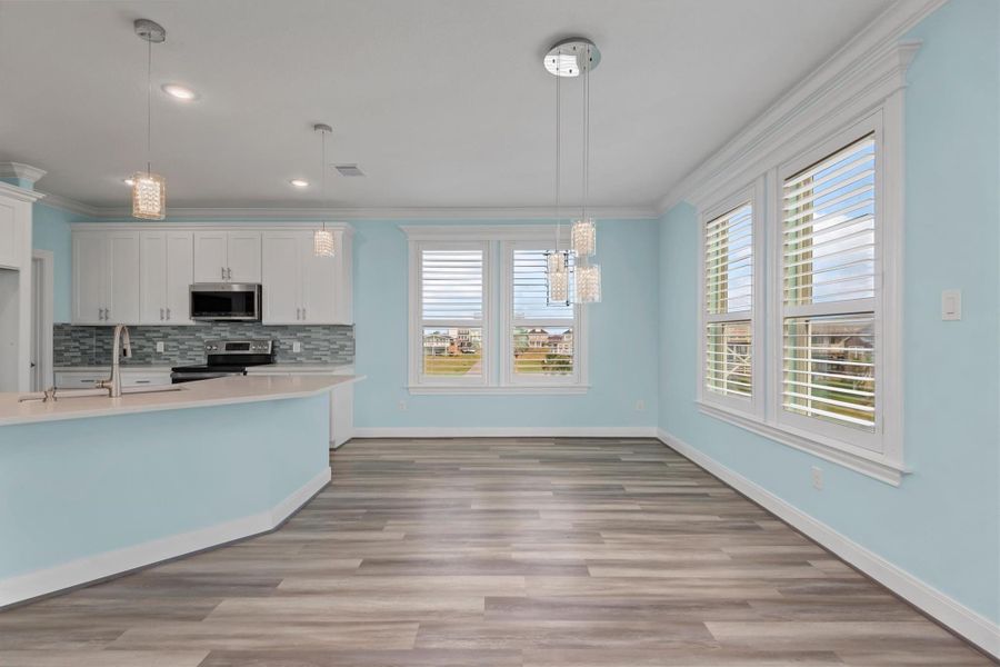 Custom plantation shutters throughout home with beautiful custom mill work and trim around windows.