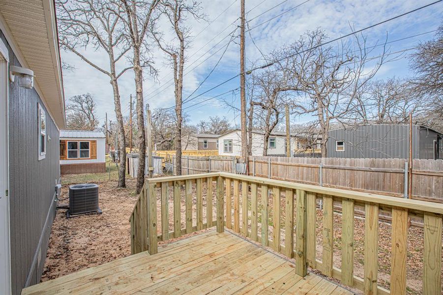 Deck with a fenced backyard and a residential view Deck with a fenced backyard and a residential view