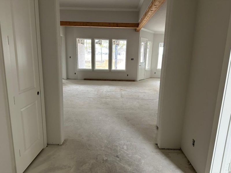 Hall with ornamental molding and plenty of natural light