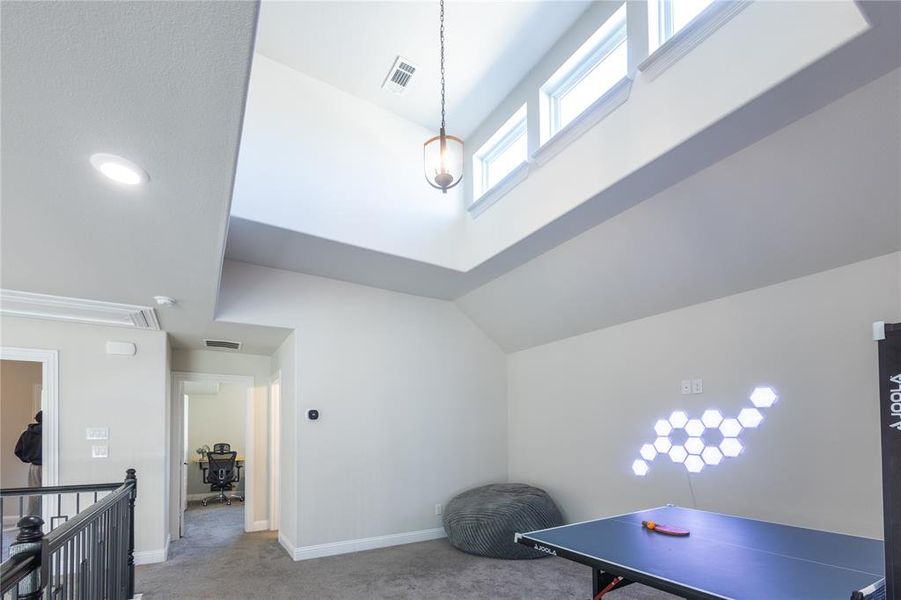 Playroom featuring carpet and lofted ceiling