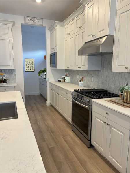 This modern kitchen features sleek white cabinetry, stainless steel appliances, a spacious island with a sink, and wood-like flooring. A pantry is conveniently located nearby, enhancing storage options.