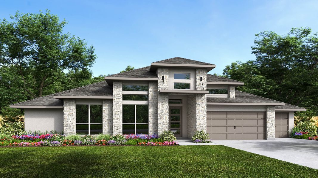Representative exterior photo of a completed home built from the 3478W by Perry Homes in Lakes of Cane Island, Katy, TX (Image 8).