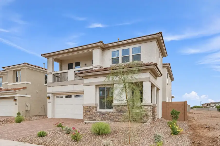 Front exterior of a new home in Aloravita South, Peoria, AZ, highlighting curb appeal (Image 24).