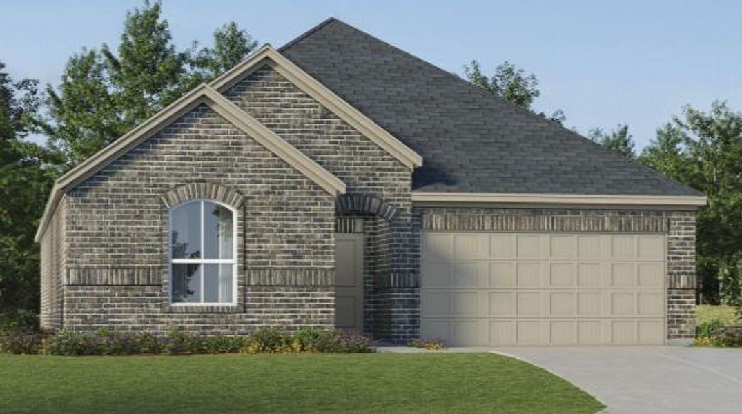 Brick exterior with a dark shingle roof, arched window, and a paneled garage door Brick exterior with a dark shingle roof, arched window, and a paneled garage door