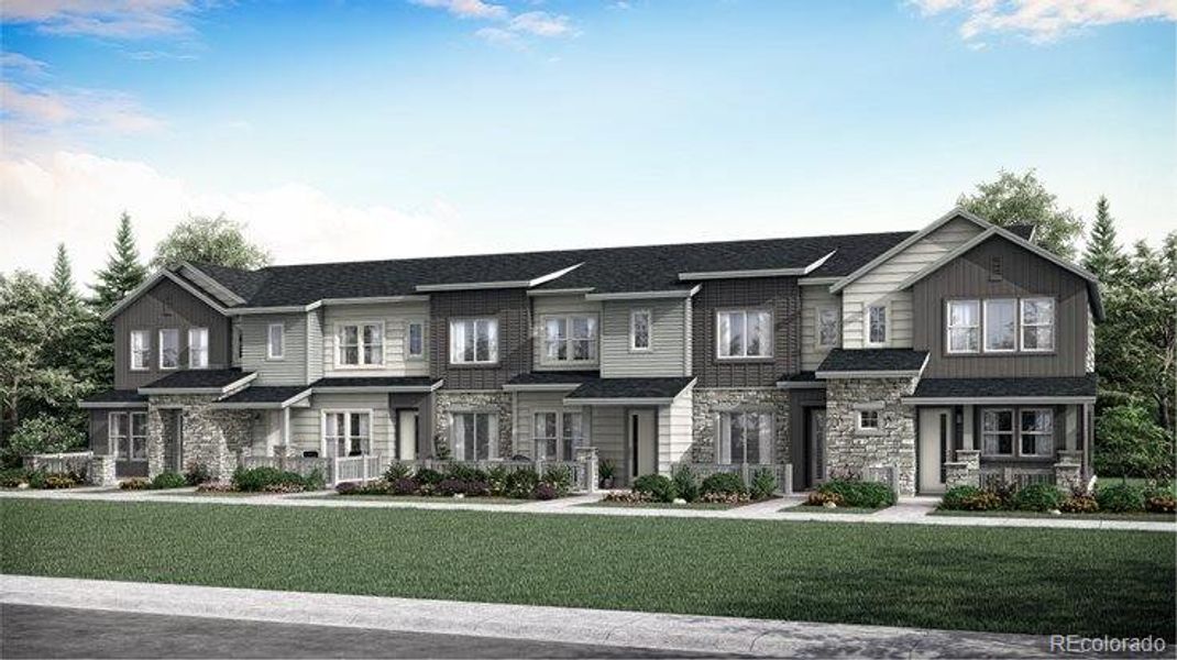 Front exterior of a new home in Sky Ranch, Watkins, CO, highlighting curb appeal (Image 1). Front exterior of a new home in Sky Ranch, Watkins, CO, highlighting curb appeal (Image 1).