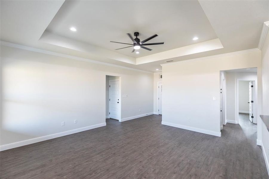 Tray ceiling with recessed lighting and a ceiling fan, wood-finish flooring, white baseboards, and white paneled doors