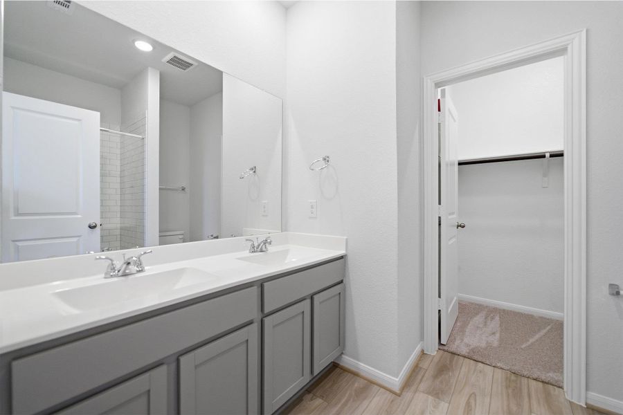 Full bath with double vanity, a shower stall, and a walk-in closet