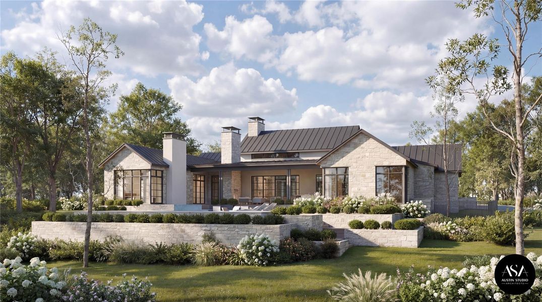 Architectural stone craftsmanship defines this residence, nestled amidst mature trees and meticulously tiered landscaping. Architectural stone craftsmanship defines this residence, nestled amidst mature trees and meticulously tiered landscaping.