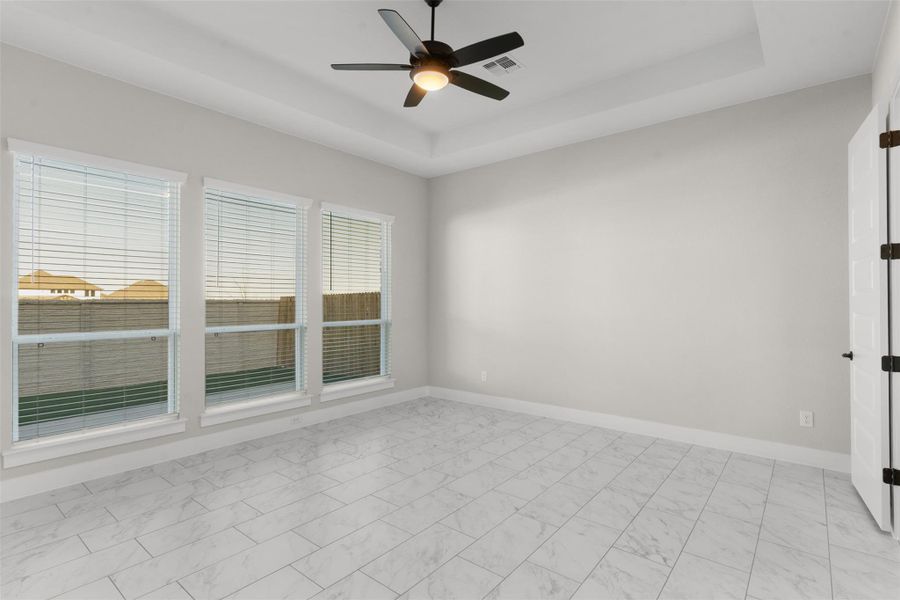 Spare room with a tray ceiling and ceiling fan