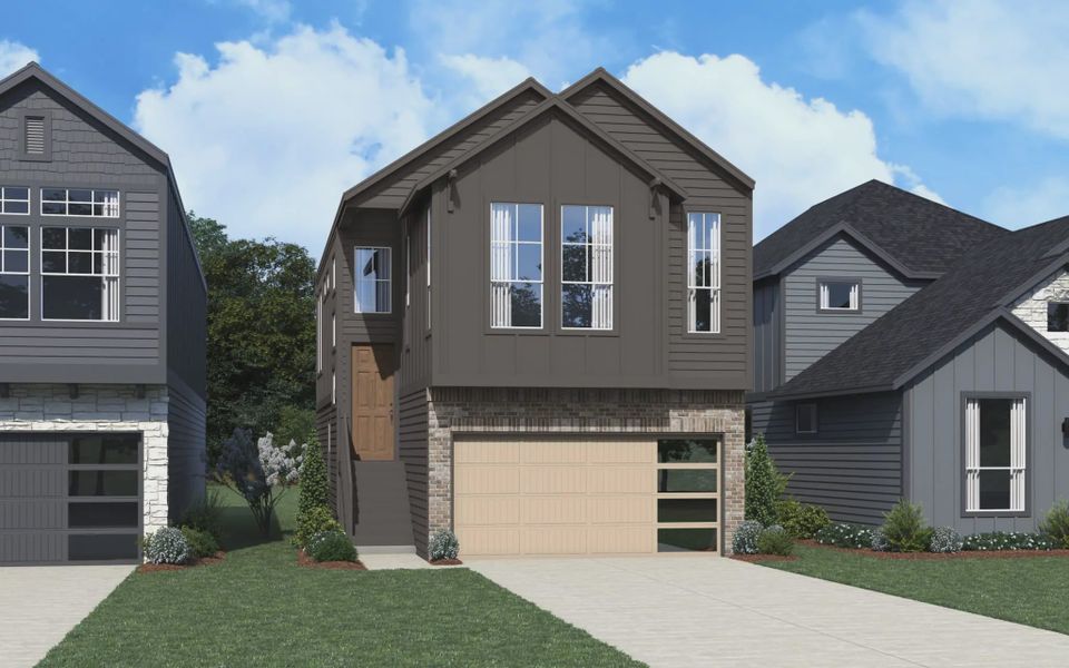 Representative exterior photo of a completed home built from the Athena by Chesmar Homes in Prominence Urban, San Antonio, TX (Image 12).