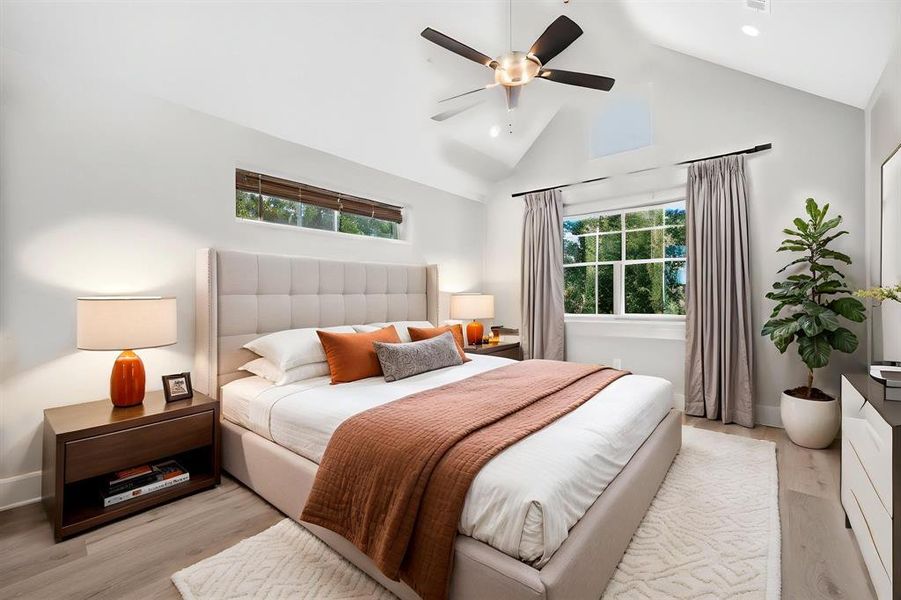 Master bedroom, features a timber beam, cathedral ceiling, and large windows with a spectacular view of the lake. Master bedroom, features a timber beam, cathedral ceiling, and large windows with a spectacular view of the lake.