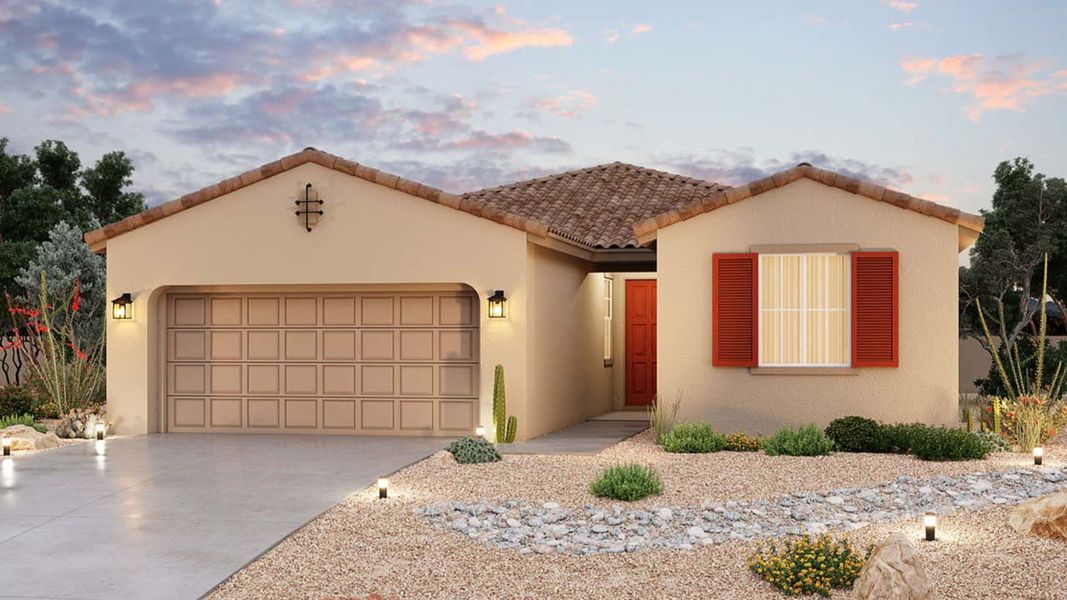 Representative exterior photo of a completed home built from the Castellano by Brightland Homes in The Lakes at Rancho El Dorado, Maricopa, AZ (Image 1). Representative exterior photo of a completed home built from the Castellano by Brightland Homes in The Lakes at Rancho El Dorado, Maricopa, AZ (Image 1).