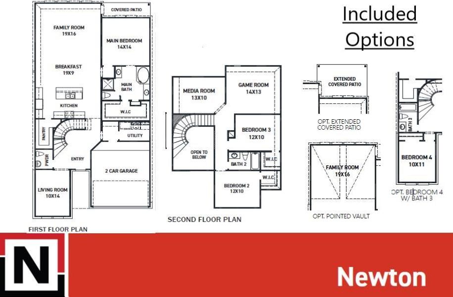 The NEWTON PLAN by Newmark Homes with a jaw-dropping circular staircase entry, 4 bedrooms, 3 bathrooms, gameroom, media room, and extended covered patio.