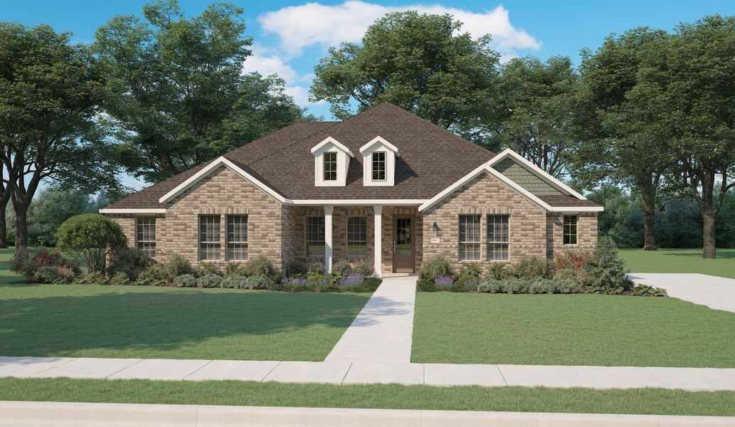 Front exterior of a new home in Lakeway Estates, Waxahachie, TX, highlighting curb appeal (Image 2). Front exterior of a new home in Lakeway Estates, Waxahachie, TX, highlighting curb appeal (Image 2).