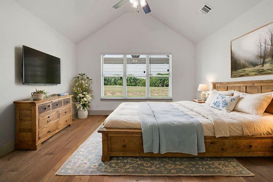 This is the primary bedroom. Vaulted ceiling, wide plank wood flooring