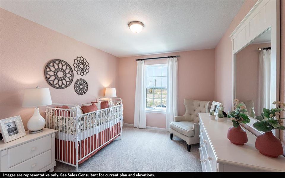 Carpeted room with a ceiling-mounted light fixture, a window with light-colored curtains, and decorative wall art