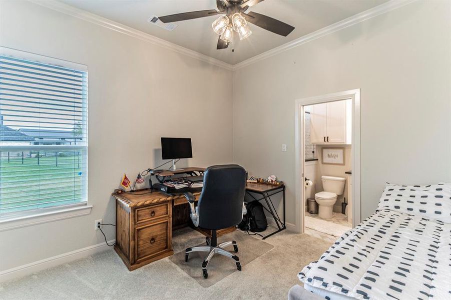 Bedroom featuring light colored carpet, ornamental molding, an office area, ceiling fan, and ensuite bath Bedroom featuring light colored carpet, ornamental molding, an office area, ceiling fan, and ensuite bath
