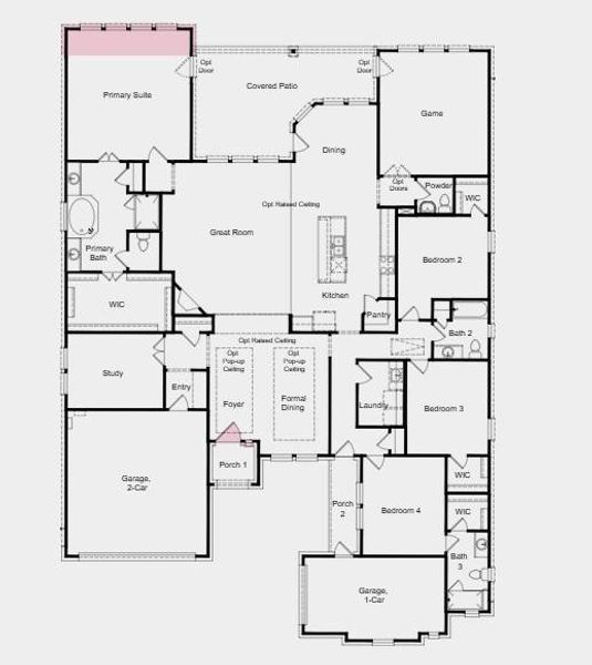 Floor Plan - Additional Highlights include: Quartz countertops, pendant lights over kitchen island, extended primary suite, upgraded front entry door, electric fireplace, and raised ceilings Floor Plan - Additional Highlights include: Quartz countertops, pendant lights over kitchen island, extended primary suite, upgraded front entry door, electric fireplace, and raised ceilings