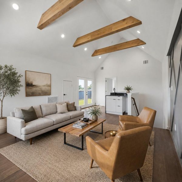 Expansive game room with soaring vaulted ceilings, exposed wood beams, and a convenient wet bar creates the perfect space for entertaining. Expansive game room with soaring vaulted ceilings, exposed wood beams, and a convenient wet bar creates the perfect space for entertaining.