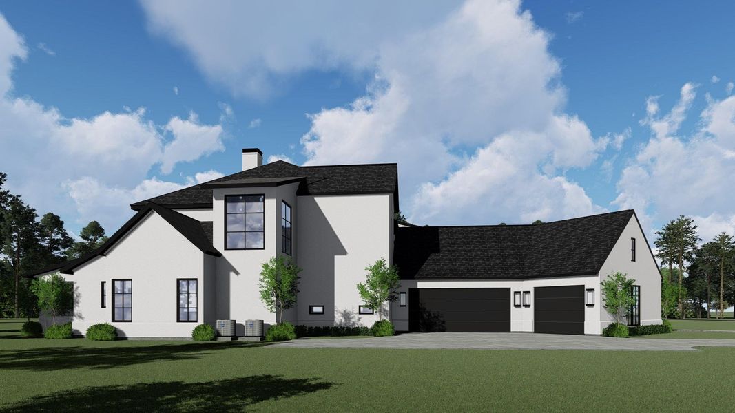 Spacious garage with modern black doors and room for storage or hobbies. Spacious garage with modern black doors and room for storage or hobbies.