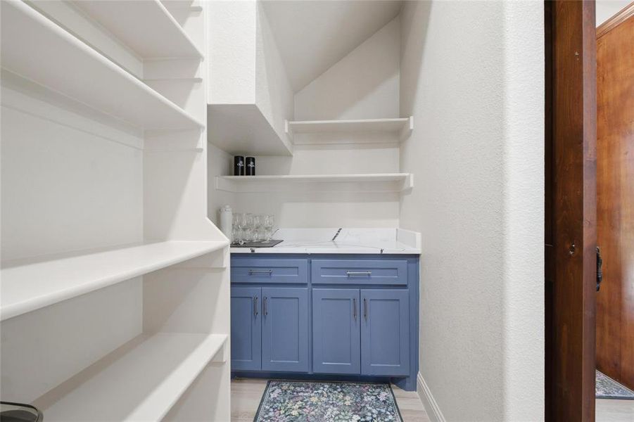 Pantry with extensive built-in shelving, a marble-finish countertop, and blue cabinetry with silver hardware
