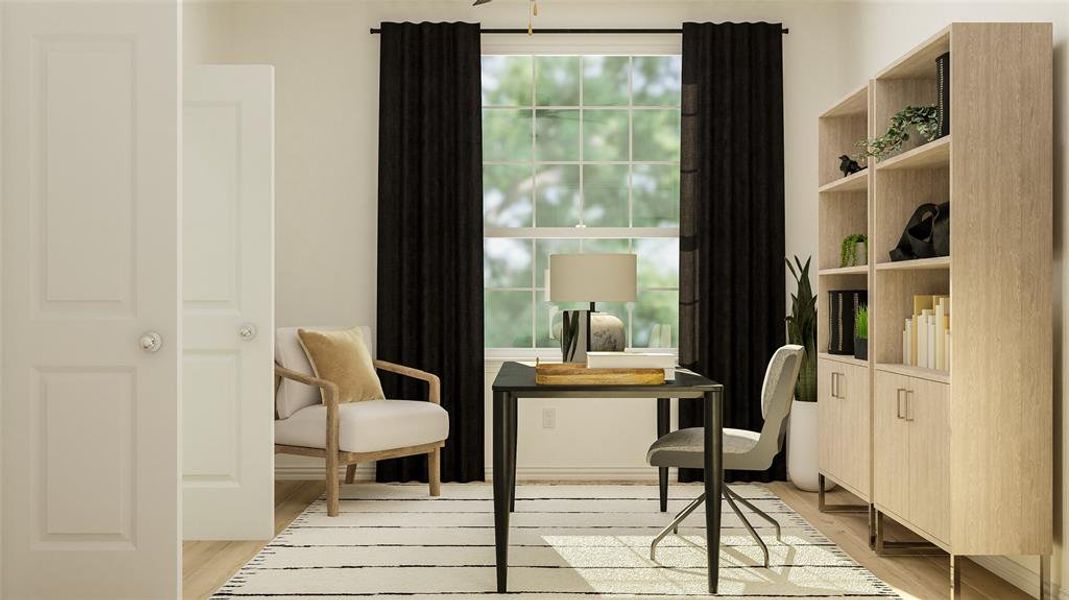 Living area with light hardwood / wood-style flooring