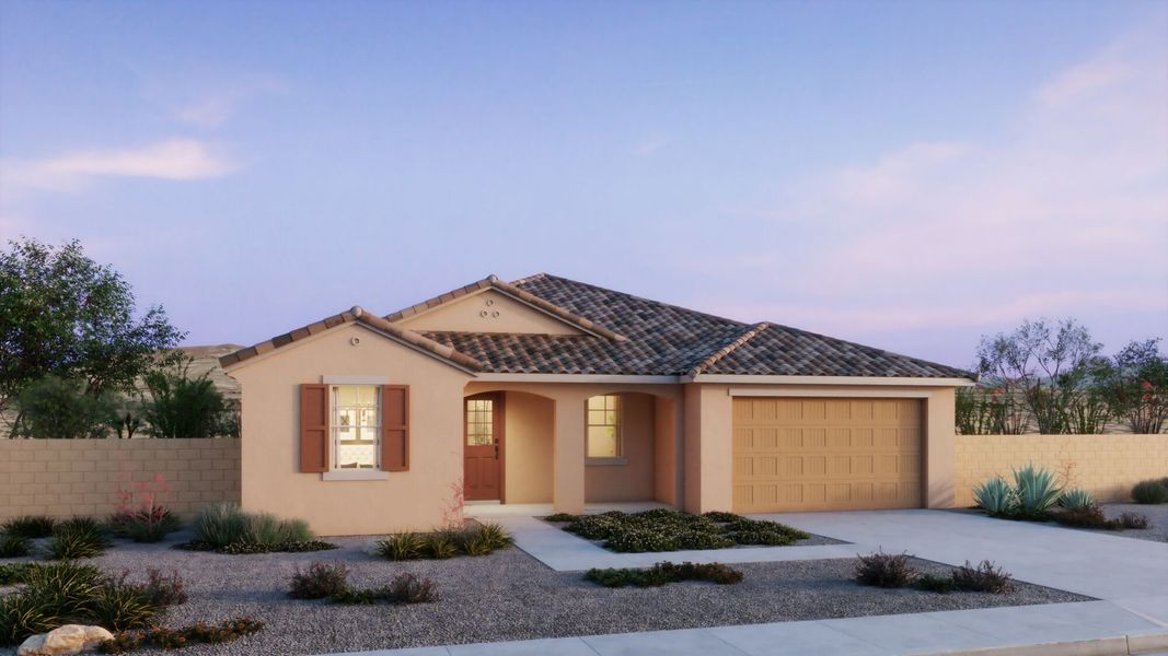 Front exterior of a new home in Montelena, Marana, AZ, highlighting curb appeal (Image 1). Front exterior of a new home in Montelena, Marana, AZ, highlighting curb appeal (Image 1).