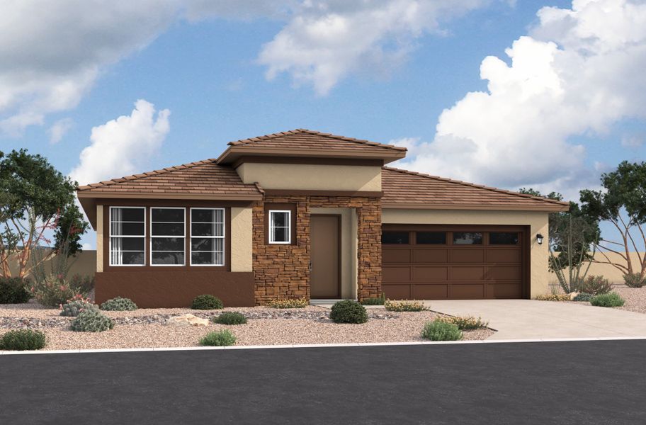 Representative exterior photo of a completed home built from the Irwin by Beazer Homes in Tirreno at IronWing: Tirreno, Litchfield Park, AZ (Image 1).