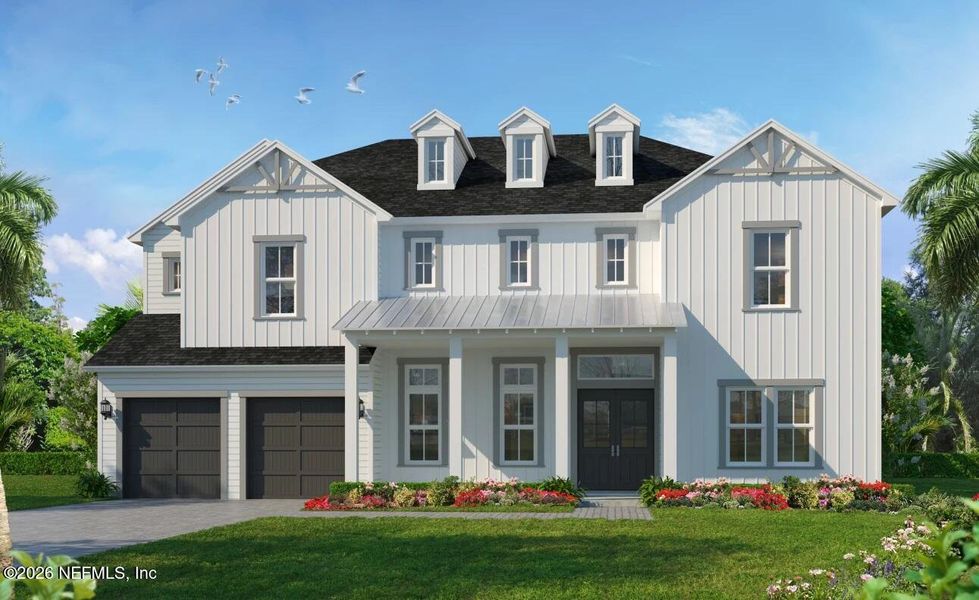 Front exterior of a new home in SilverLeaf, St. Augustine, FL, highlighting curb appeal (Image 1). Front exterior of a new home in SilverLeaf, St. Augustine, FL, highlighting curb appeal (Image 1).