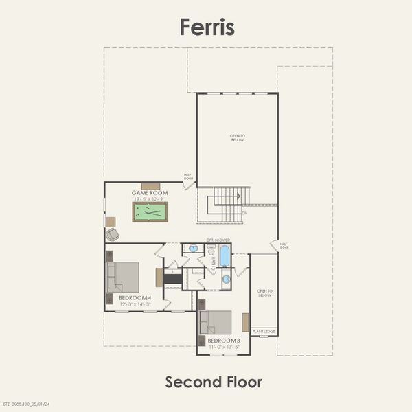 2D floor plan layout for the Ferris by Pulte Homes in Mission Hills, Garland, TX (Image 6).