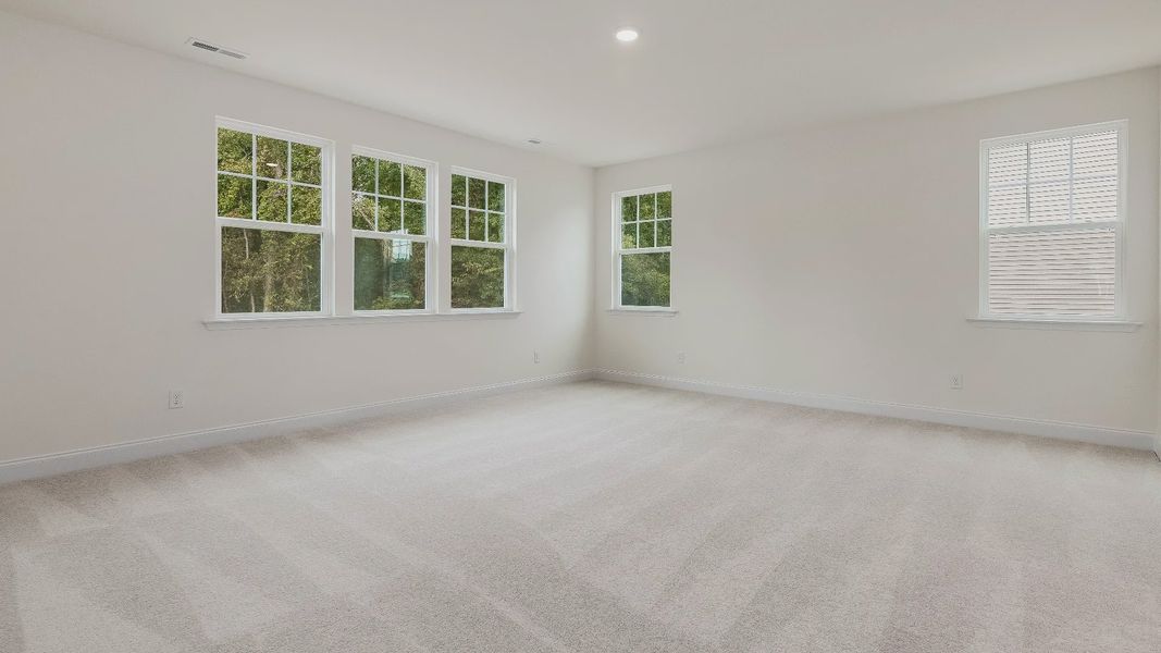 Stonehaven home plan primary bedroom/suite with lots of windows, walk-in closet and en suite bathroom