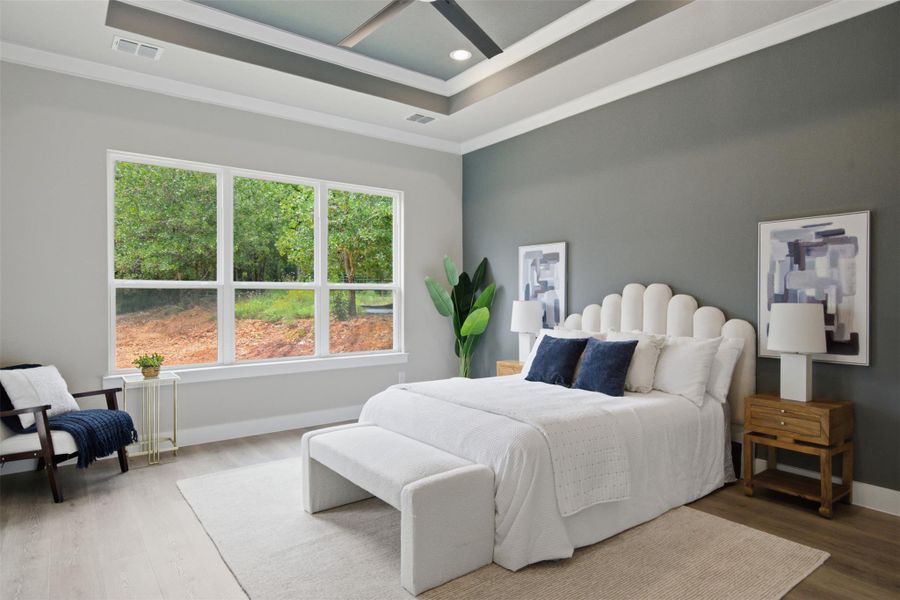 Elegant primary bedroom featuring a distinct tray ceiling and serene views of mature trees. Elegant primary bedroom featuring a distinct tray ceiling and serene views of mature trees.