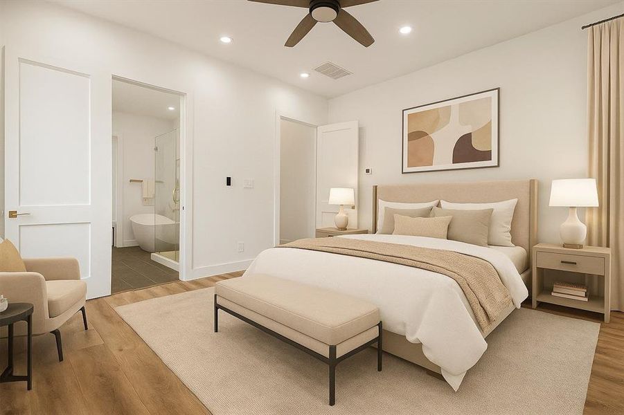 Living area with a ceiling fan, light wood-style floors, and recessed lighting, virtually staged