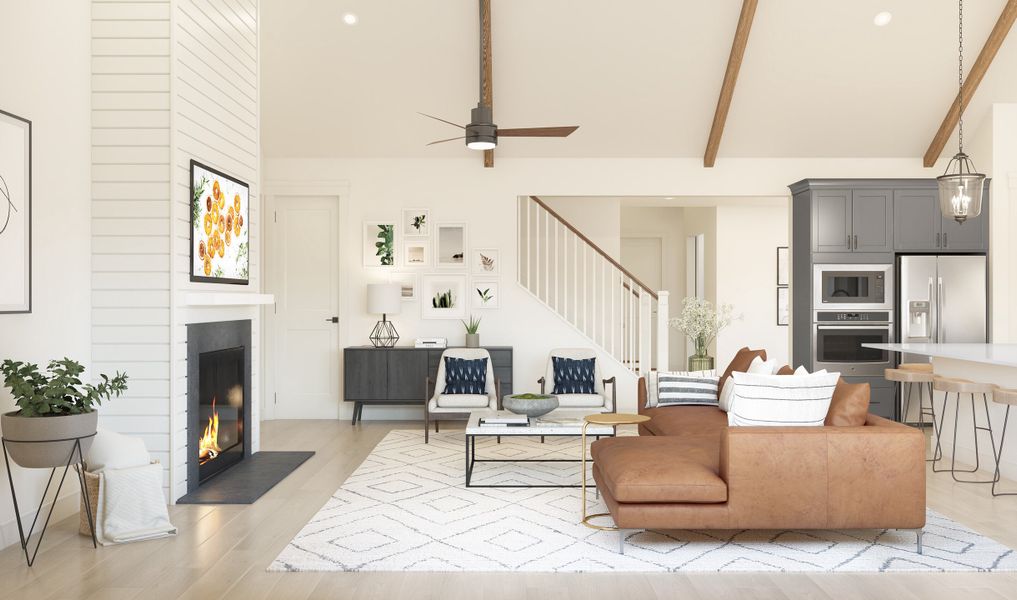 Great room with fireplace and gorgeous flooring