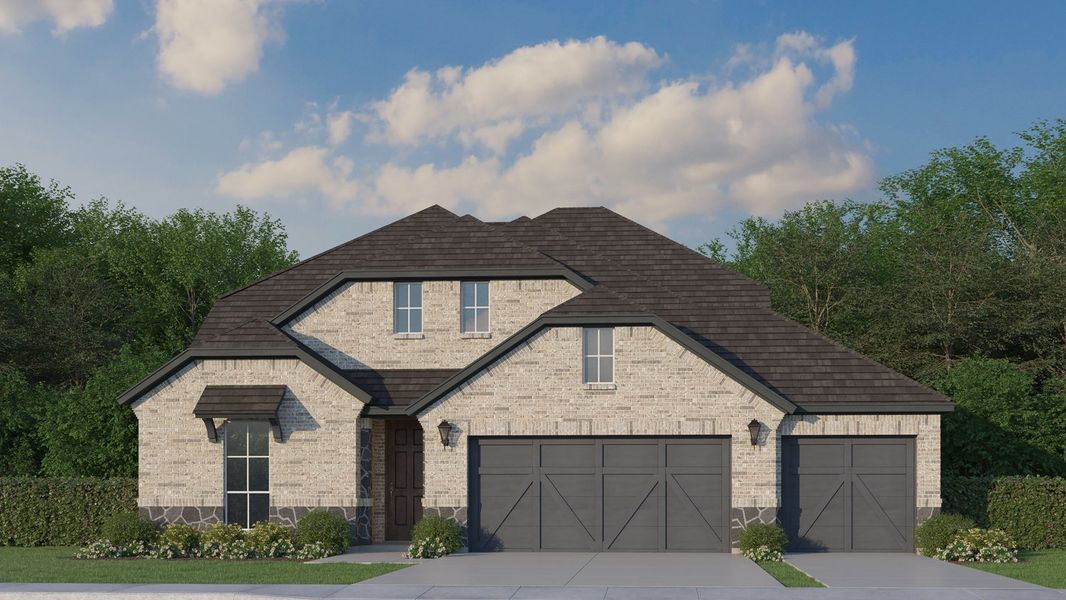 Plan 1527 Elevation B with Stone & 3rd-Car Garage