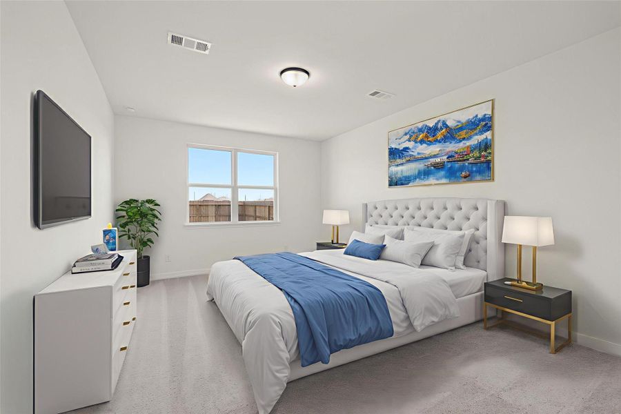 The primary bedroom is generously sized, creating a tranquil and spacious retreat that offers ample room for relaxation. Featuring plush carpet, high ceilings, fresh paint, and large windows that lets in natural lighting throughout the day. The primary bedroom is generously sized, creating a tranquil and spacious retreat that offers ample room for relaxation. Featuring plush carpet, high ceilings, fresh paint, and large windows that lets in natural lighting throughout the day.