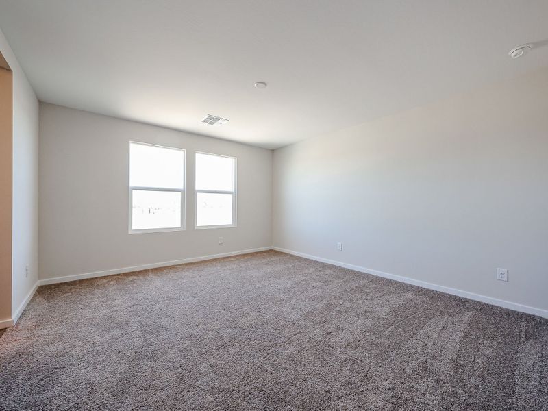 A room with a carpet and windows.