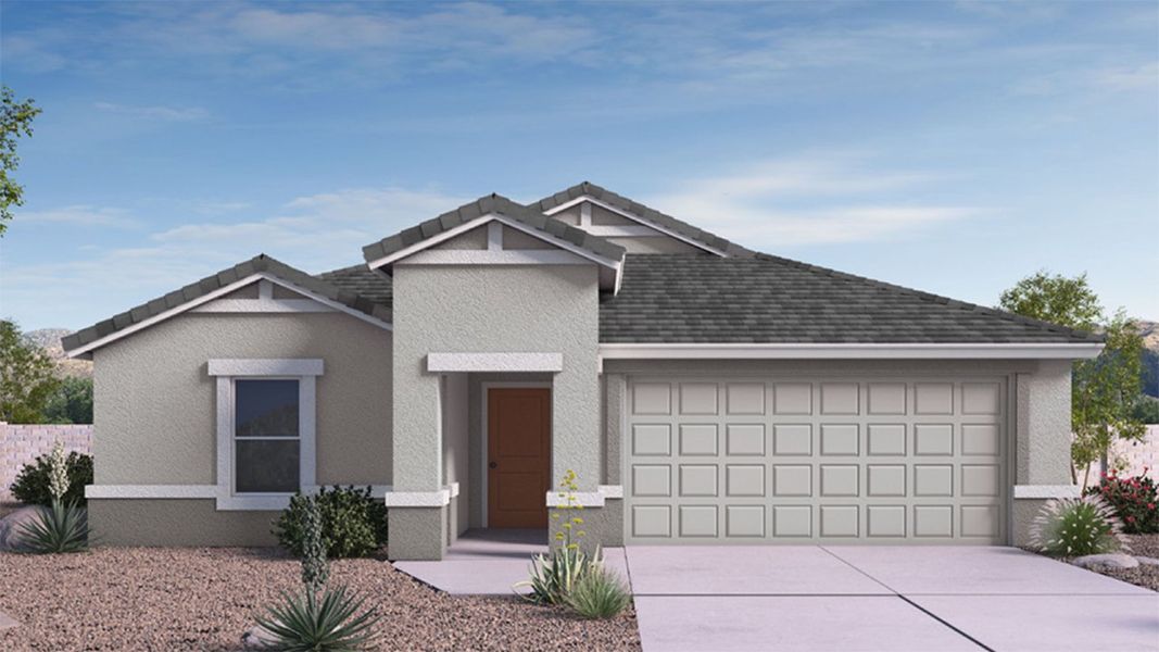 Front exterior of a new home in Hanson Ridge, Vail, AZ, highlighting curb appeal (Image 1). Front exterior of a new home in Hanson Ridge, Vail, AZ, highlighting curb appeal (Image 1).