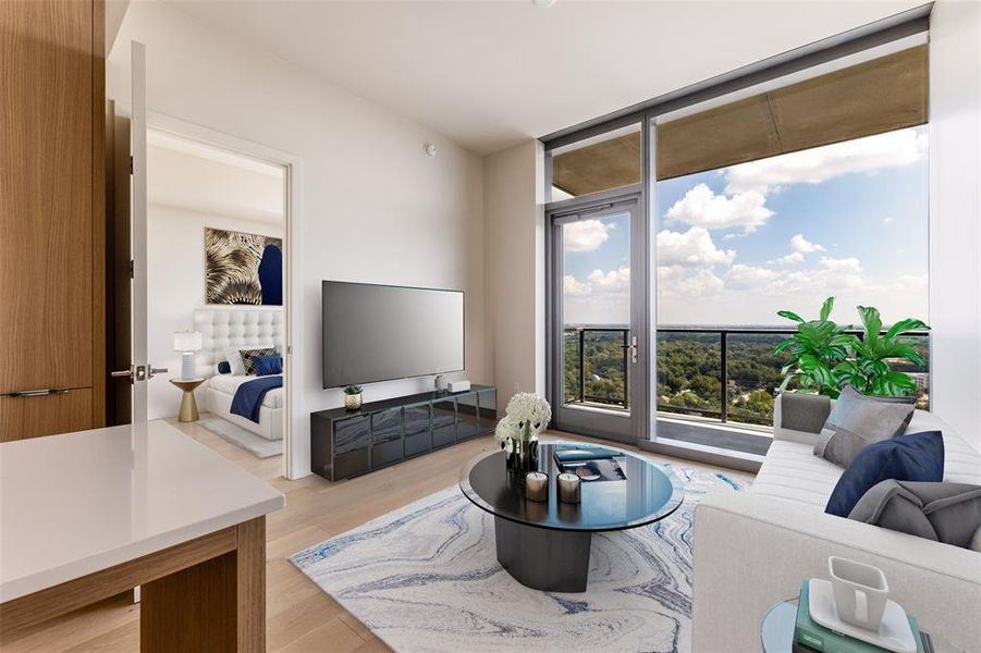 Enjoy the open floor plan and floor-to ceiling windows with stunning views (virtually staged)