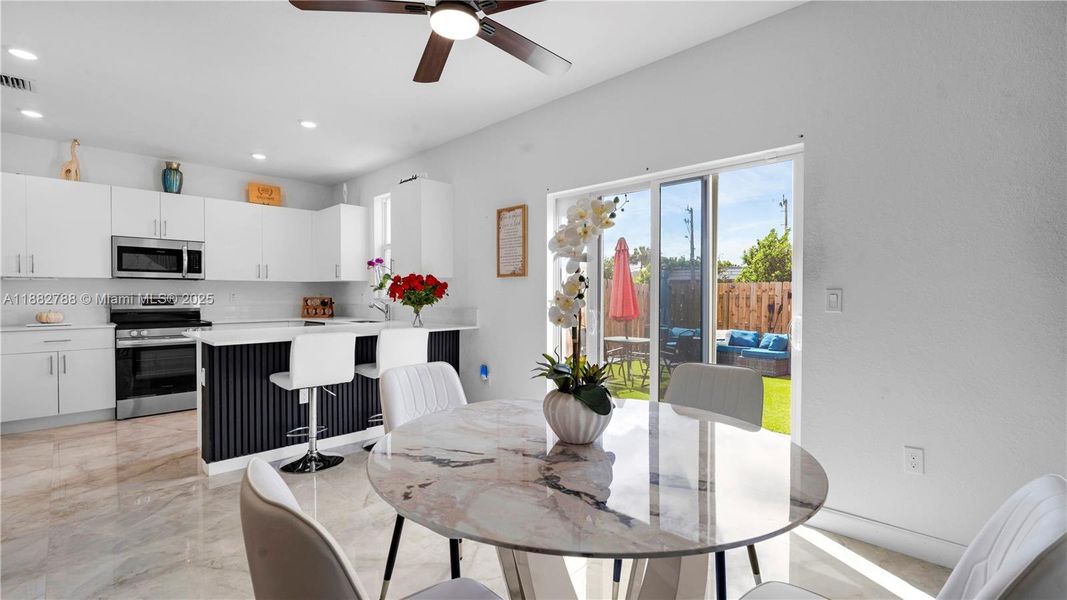 Upgraded porcelain tile flooring & LED-lit porcelain accent wall