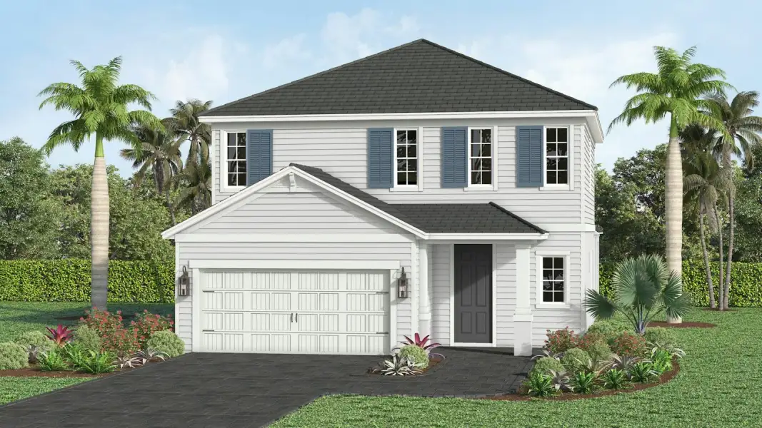 Front exterior of a new home in Kingston South Real Estate and Homes for Sale in Estero, FL - Neal Communities, Estero, FL, highlighting curb appeal (Image 4).