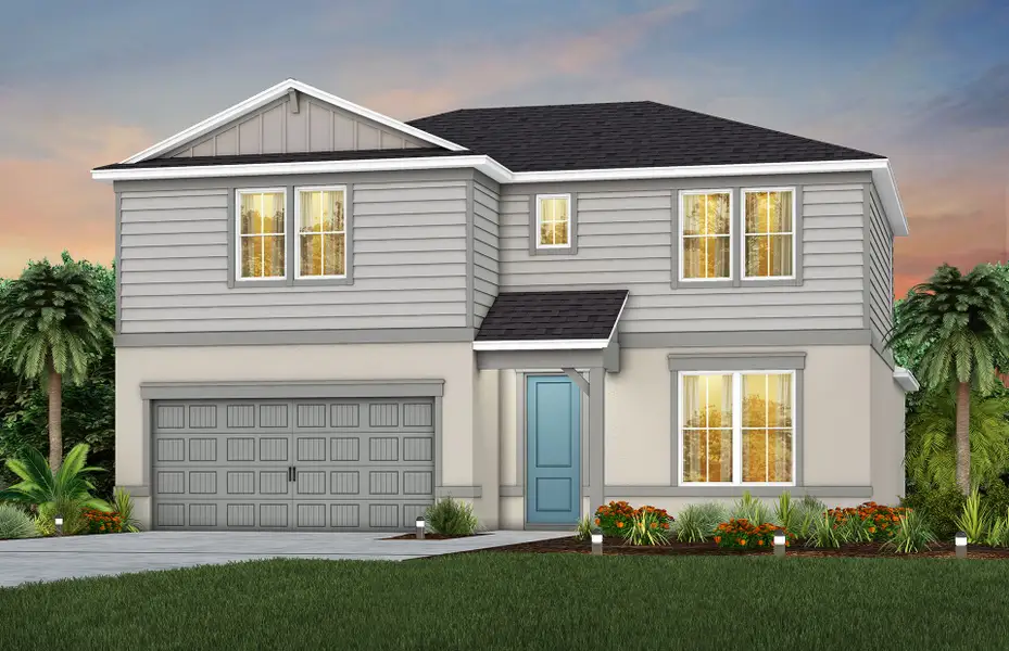 Front exterior of a new home in The Landings at Live Oak Lake, St. Cloud, FL, highlighting curb appeal (Image 2). Front exterior of a new home in The Landings at Live Oak Lake, St. Cloud, FL, highlighting curb appeal (Image 2).