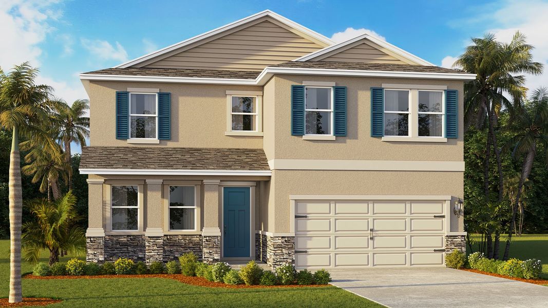 Representative exterior photo of a completed home built from the CORAL by D.R. Horton in Summerlin at Hawthorne Ranch, Lakeland, FL (Image 3). Representative exterior photo of a completed home built from the CORAL by D.R. Horton in Summerlin at Hawthorne Ranch, Lakeland, FL (Image 3).