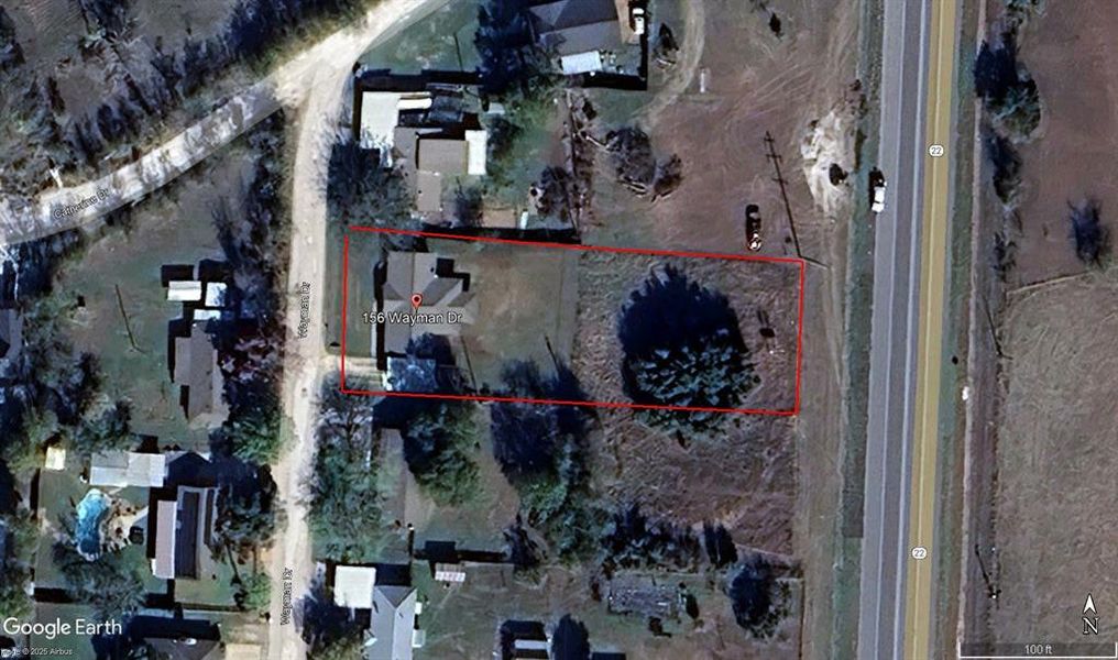 Aerial view of property's location with property boundaries highlighted