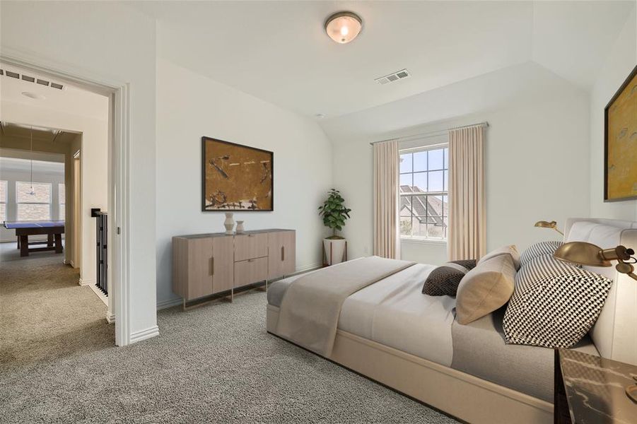 Virtually Staged Photo - Carpeted bedroom with vaulted ceiling