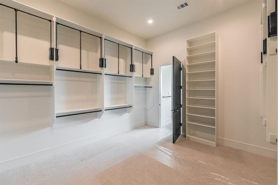 Walk in closet featuring light colored carpet