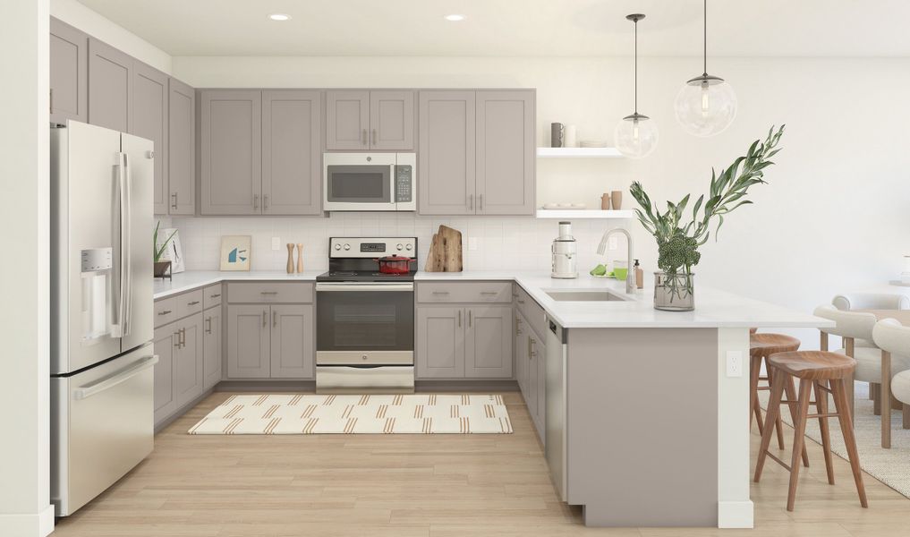 Kitchen with pendant lights & floating shelves