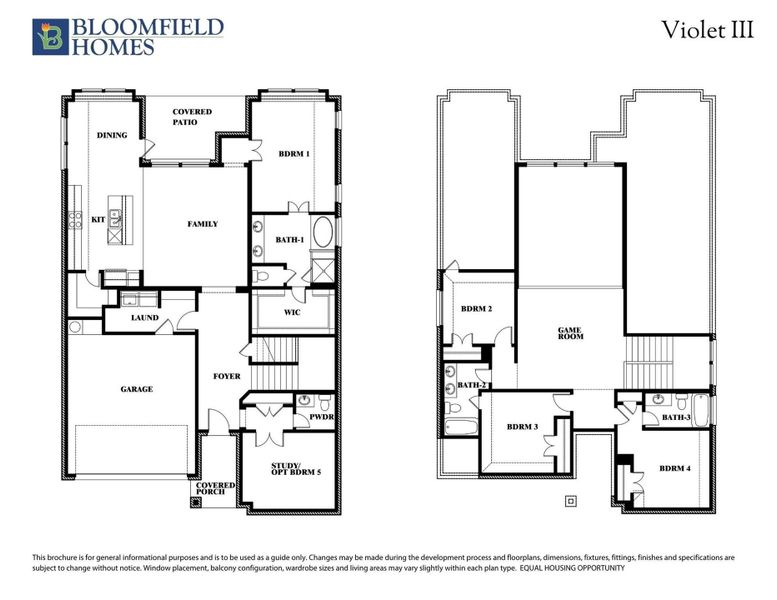 Bloomfield Homes Violet III two-story floor plan with four bedrooms, game room, study, and covered patio on both levels.