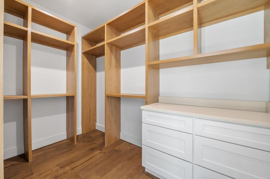 Walk in closet featuring dark wood-style floors