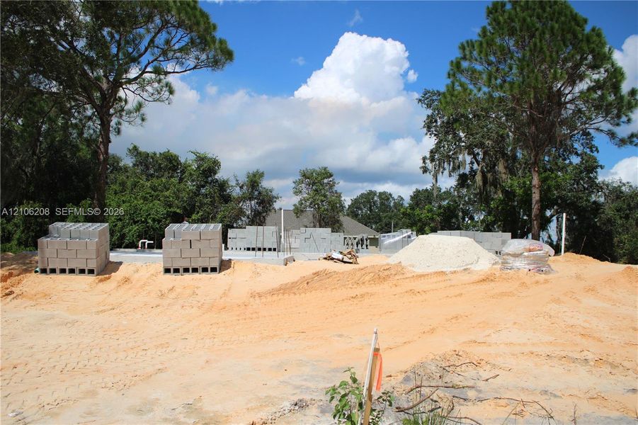 Development site featuring concrete block masonry, a poured concrete foundation, and mature native trees